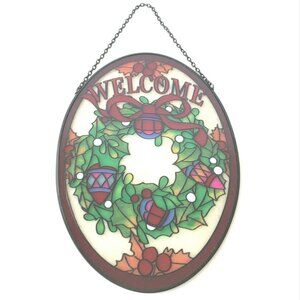 Welcome Holiday Wreath Suncatcher Stained Glass Window Panel